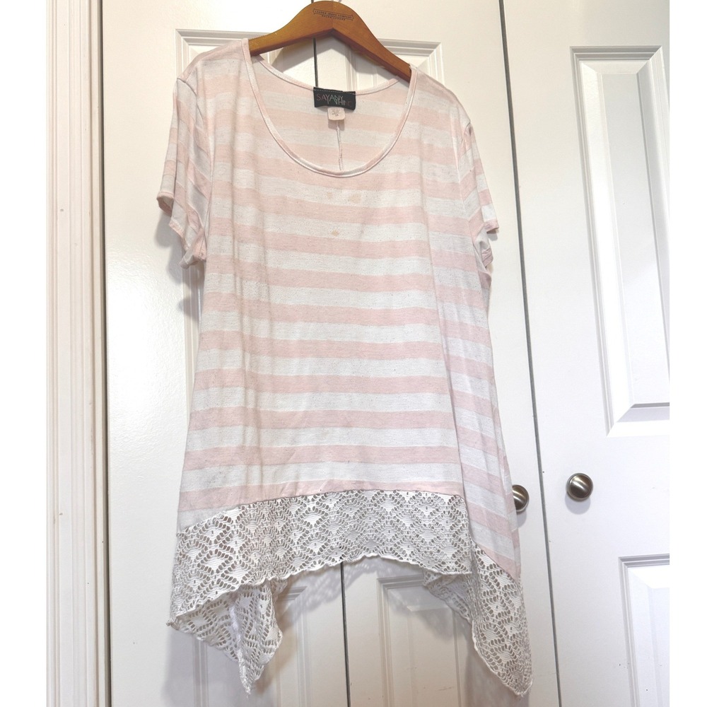 Say Anything Pink White Striped Lace Trim Sharkbite Tunic Top Plus Size 3X